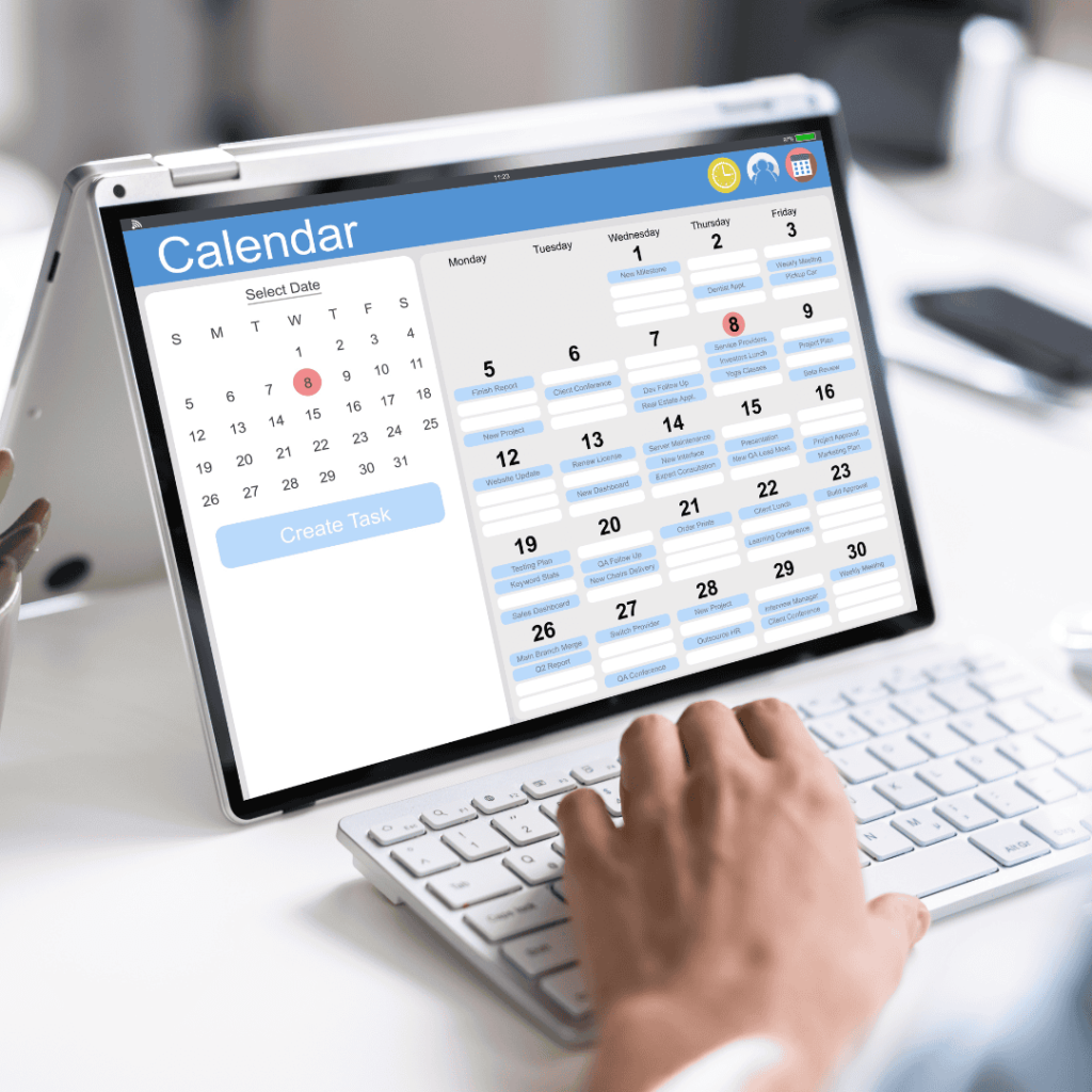 a booking calendar on a foldable laptop screen