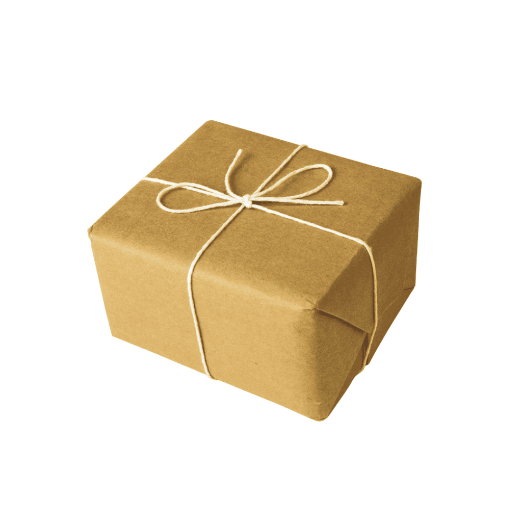 a package wrapped in brown paper against a white background